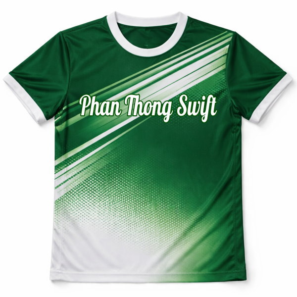 เสื้อทีมแบดมินตันสีเขียว ดีไซน์ Phan Thong Swift ด้านหน้า พิมพ์ลายซับลิเมชั่นสวยงาม ผลิตโดย Sport Mighty