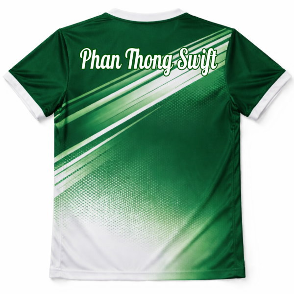 ด้านหลังเสื้อกีฬาคอกลมสีเขียว ลายสายฟ้าสีขาว สำหรับทีมแบดมินตันชลบุรี บริการจัดส่งทั่วประเทศไทย