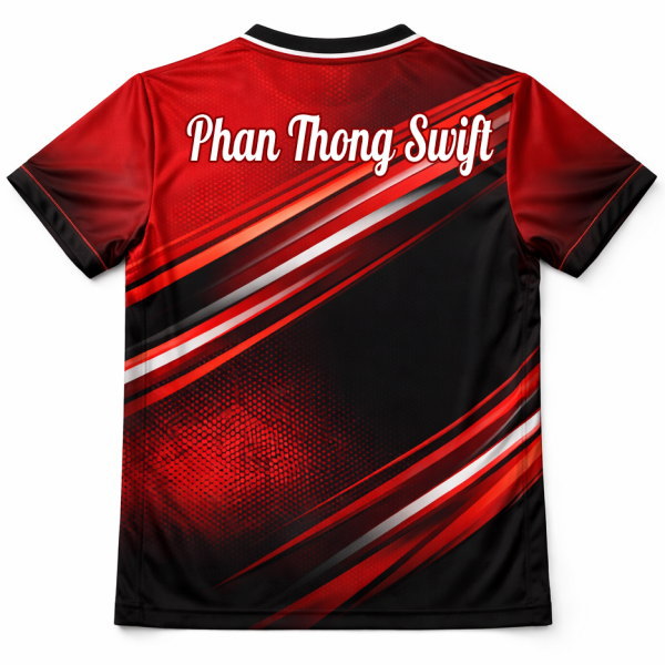 ด้านหลังเสื้อกีฬา Phan Thong Swift สีแดงดำ ออกแบบเสื้อทีมแบดมินตันโดย Sport Mighty