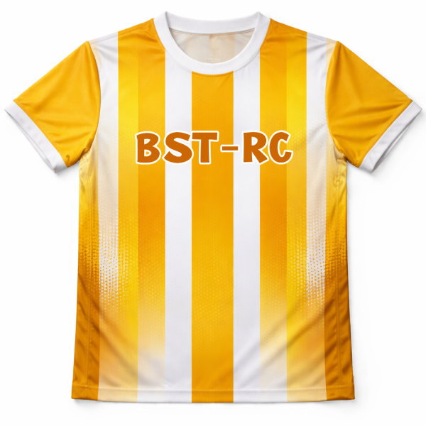 ด้านหน้าเสื้อวิ่งพิมพ์ลายสีเหลืองขาว โลโก้ BST-RC ผลิตโดย Sport Mighty กรุงเทพฯ