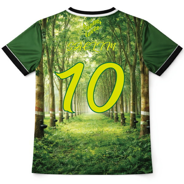 เสื้อฟุตบอลสั่งทำลายสวนยางพารา Rubber Lover 2025 ด้านหลัง พร้อมชื่อและหมายเลขทีม ผลิตโดย Sport Mighty Thailand