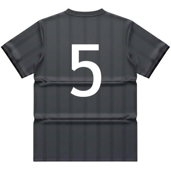 ด้านหลังเสื้อฟุตบอลสั่งทำพิเศษ สีเทาดำลายทาง พร้อมหมายเลขขนาดใหญ่ เหมาะสำหรับการแข่งขัน