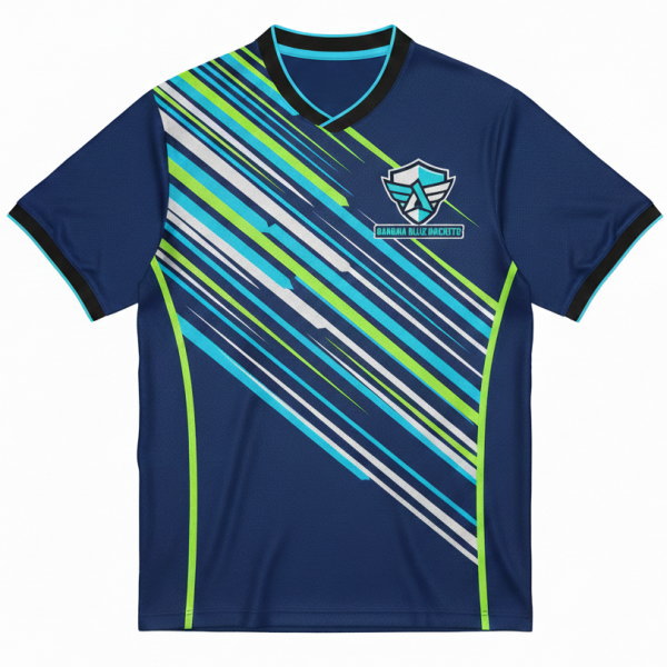 เสื้อแบดมินตันสั่งทำพิเศษ ด้านหน้า ทีม Bangna Blue Rockets สีน้ำเงิน ลายเส้นเฉียง sublimation Sport Mighty กรุงเทพ