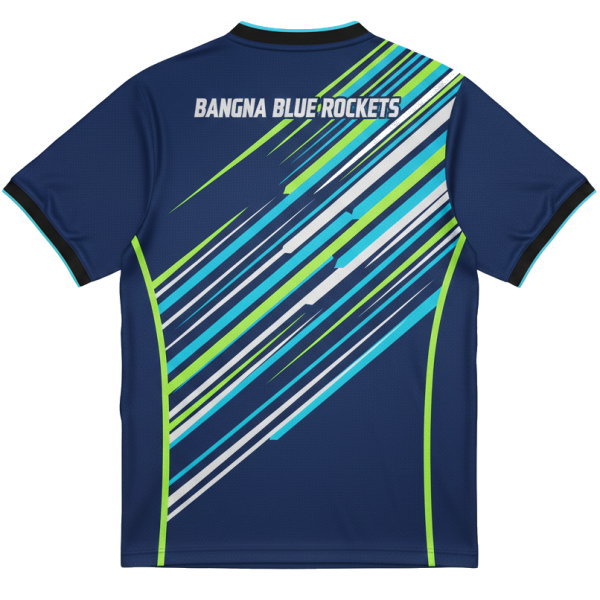 เสื้อแบดมินตันสั่งทำพิเศษ ด้านหลัง ทีม Bangna Blue Rockets พิมพ์ชื่อทีม ลายเส้นสปอร์ต ส่งทั่วประเทศไทย