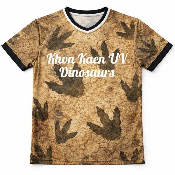 เสื้อทีม Khon Kaen UV Dinosaurs ด้านหน้า ลายรอยเท้าไดโนเสาร์ สีน้ำตาลทอง เสื้อกีฬาออกแบบพิเศษ Sport Mighty