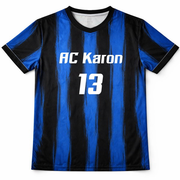 เสื้อฟุตบอลสั่งทำ ลายทางน้ำเงินดำ ด้านหน้า AC Karon หมายเลข 13 Sport Mighty