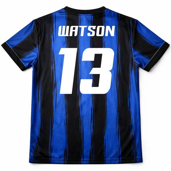 เสื้อฟุตบอลสั่งทำ ด้านหลัง ชื่อ WATSON หมายเลข 13 ลายทางน้ำเงินดำ