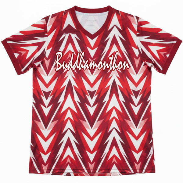 เสื้อกีฬาสั่งทำ ลายลูกศรสีแดงขาว ด้านหน้า พร้อมโลโก้ทีม สำหรับกิจกรรมกีฬา นครปฐม Sport Mighty