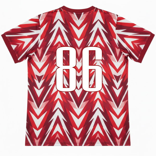 เสื้อกีฬาสั่งทำ ด้านหลัง หมายเลข 86 สีขาว ลายลูกศรสีแดงขาว สำหรับทีมกีฬา Sport Mighty Thailand