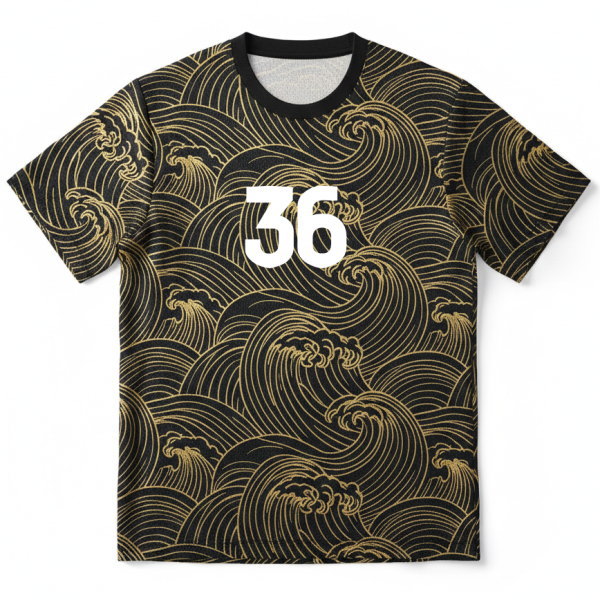 เสื้อฟุตซอลสั่งทำลายคลื่นสีทองพื้นดำ หมายเลข 36 ด้านหน้า ผลิตด้วยผ้าไมโครโพลีเอสเตอร์ พิมพ์ซับลิเมชั่น โดย Sport Mighty กรุงเทพ
