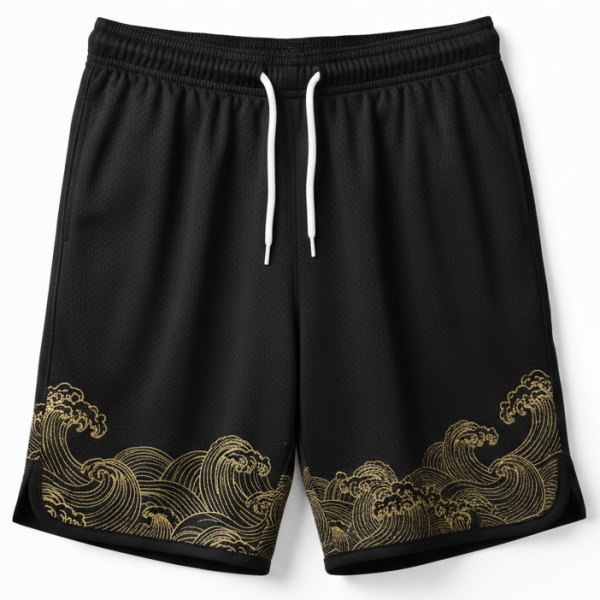 กางเกงฟุตซอลสีดำลายคลื่นสีทอง ชุดกีฬาออกแบบพิเศษ พิมพ์ซับลิเมชั่น คุณภาพสูง ส่งทั่วไทย