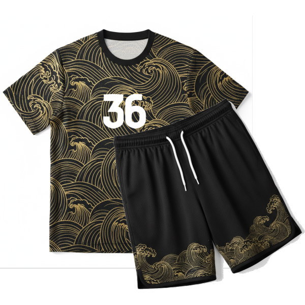 ชุดฟุตซอลครบเซ็ต เสื้อและกางเกงลายคลื่นสีทองดำ สั่งทำ 22 ชุด สำหรับแข่งขันจริง โดย Sport Mighty