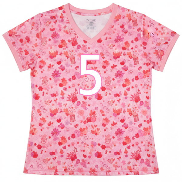 เสื้อวอลเลย์บอลหญิงสั่งทำ ลายดอกไม้สีชมพู ด้านหน้า หมายเลข 5 พิมพ์ซับลิเมชั่น ผ้าไมโครโพลีเอสเตอร์ Sport Mighty กรุงเทพ