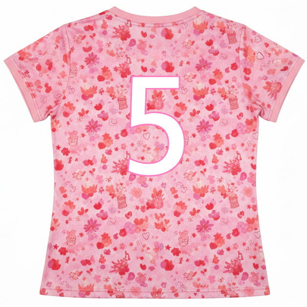 เสื้อวอลเลย์บอลหญิงสั่งผลิต ลายดอกไม้โทนชมพู ด้านหลัง หมายเลข 5 ขนาดใหญ่ สำหรับแข่งขันวอลเลย์บอล ผลิตและจัดส่งทั่วไทย