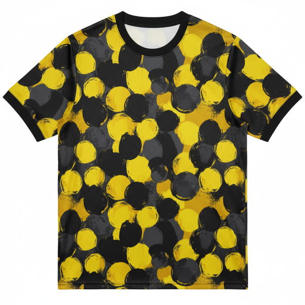 เสื้อฟุตบอลสั่งทำสีเหลืองดำ ลายกราฟิกวงกลม พิมพ์ซับลิเมชั่น ผลิตโดย Sport Mighty กรุงเทพ