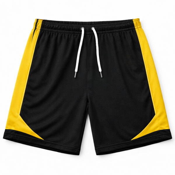 กางเกงฟุตบอลสีดำแถบเหลือง เอวยางยืด เชือกผูก ชุดกีฬาไมโครโพลีเอสเตอร์