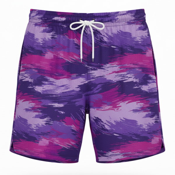 กางเกงกีฬาขาสั้นสั่งทำ ลายม่วงชมพู ไมโครโพลีเอสเตอร์ ระบายอากาศดี