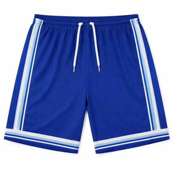 กางเกงฟุตบอลสั่งทำ สีน้ำเงิน พร้อมแถบด้านข้าง ผลิตจากผ้าไมโครโพลีเอสเตอร์ ระบายอากาศดี เหมาะสำหรับการแข่งขันกีฬา