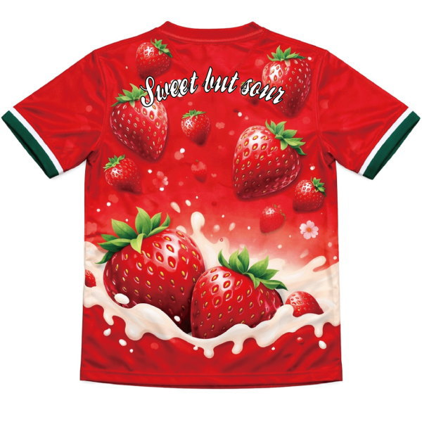 ด้านหลังเสื้อสั่งทำลายสตรอว์เบอร์รี่ พร้อมข้อความ Sweet but sour สำหรับเสื้อทีม เสื้อโปรโมชัน และเสื้อกิจกรรมบริษัท