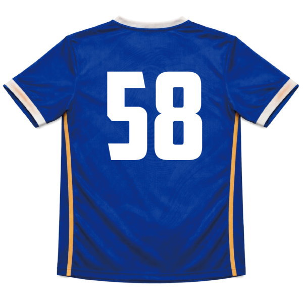 ด้านหลังเสื้อฟุตบอลสั่งทำ หมายเลข 58 ขนาดใหญ่ สีขาว บนพื้นสีน้ำเงิน