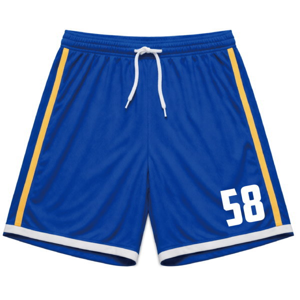 กางเกงฟุตบอลสั่งทำสีน้ำเงิน แถบสีทองด้านข้าง พร้อมหมายเลข 58