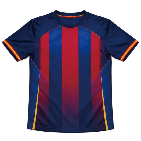 เสื้อฟุตบอลสั่งทำ ลายทางแดงน้ำเงิน ด้านหน้า ผลิตด้วยผ้าไมโครโพลีเอสเตอร์ sublimation โดย Sport Mighty ประเทศไทย