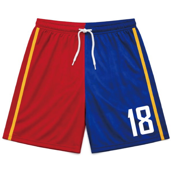 กางเกงฟุตบอลสั่งทำ สีแดงน้ำเงิน พร้อมหมายเลขทีม และดีไซน์ทันสมัย ผลิตโดย Sport Mighty