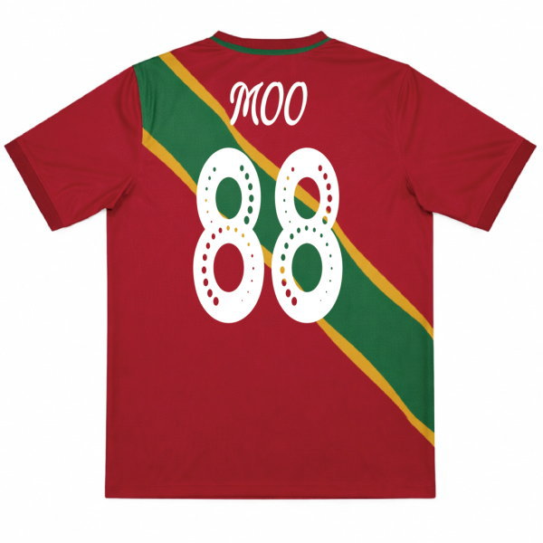 ด้านหลังเสื้อฟุตบอลสั่งทำ พร้อมชื่อ MOO และหมายเลข 88 พิมพ์ Sublimation คุณภาพสูง