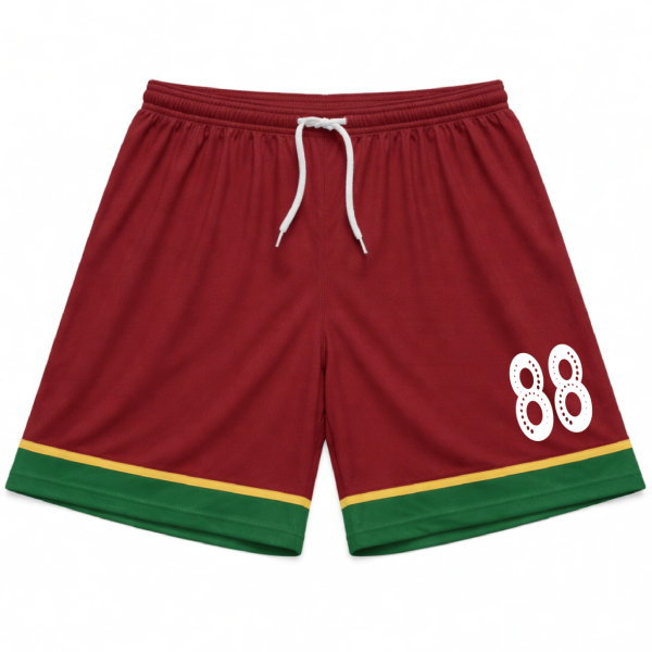 กางเกงฟุตบอลสั่งทำสีแดง พร้อมแถบสีเขียวเหลือง และหมายเลข 88 ชุดฟุตบอลครบชุด