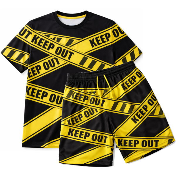 ชุดฟุตบอลลายเทป KEEP OUT สีดำเหลือง เซ็ตเสื้อแขนสั้นและกางเกง ผลิตโดย Sport Mighty