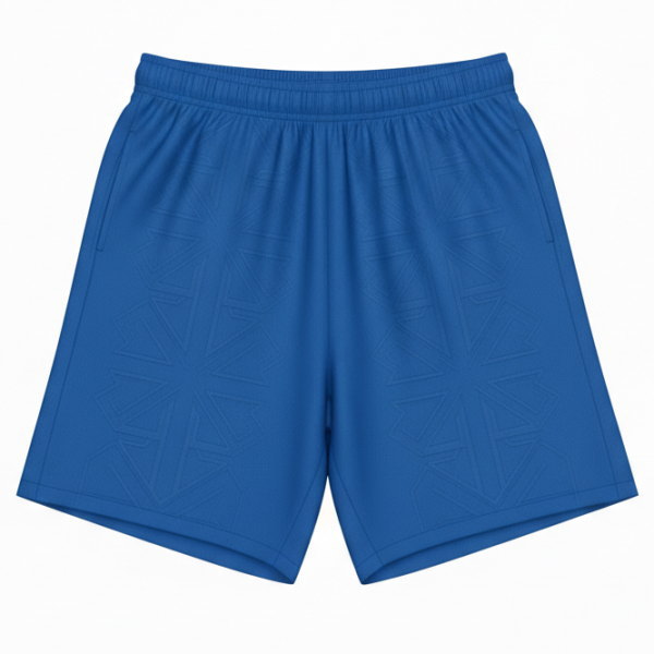 กางเกงฟุตบอลขาสั้นสีน้ำเงินเข้าชุด พิมพ์ลายกราฟิกเชิงเส้นโทนสีเดียวกัน เนื้อผ้าไมโครโพลีเอสเตอร์คุณภาพสูง