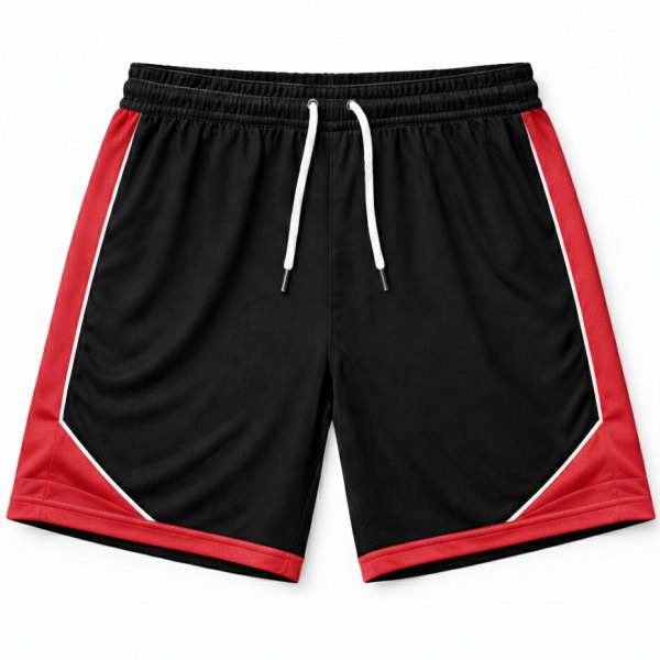 กางเกงฟุตบอลขาสั้นสีดำตัดแถบสีแดง ดีไซน์เข้าชุดกับเสื้อบอลลายทาง พร้อมเชือกผูกและงานตัดเย็บประณีต