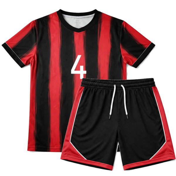 ชุดยูนิฟอร์มฟุตบอลครบเซ็ต ลายทางสีแดงดำแนวตั้ง ดีไซน์คลาสสิกสำหรับทีมกีฬาและงานกีฬาสีโรงเรียน