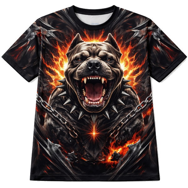 ดีไซน์ด้านหน้าเสื้อกีฬาพิมพ์ลาย Sublimation รูปสุนัขหน้าดุและโซ่เหล็ก ทรงสปอร์ตทันสมัย