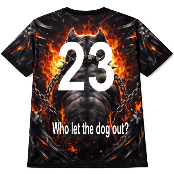 ด้านหลังเสื้อทีมฟุตซอล พิมพ์เบอร์ 23 และข้อความ Who let the dog out สีสดคมชัดไม่ลอก