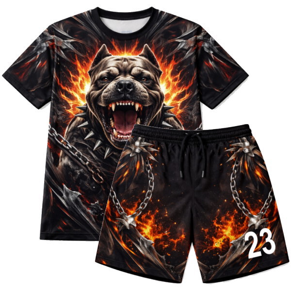 ชุดฟุตซอลพิมพ์ลายสุนัขดุดัน สีส้มดำ พร้อมกางเกง ผลงาน Sport Mighty สำหรับลูกค้า จ.นนทบุรี