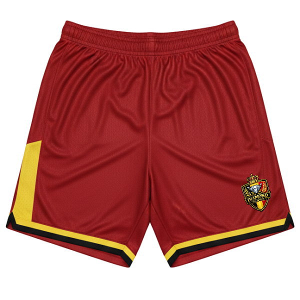 กางเกงฟุตบอลสั่งทำสีแดงเลือดหมู แถบเหลืองดำ พร้อมโลโก้ทีม