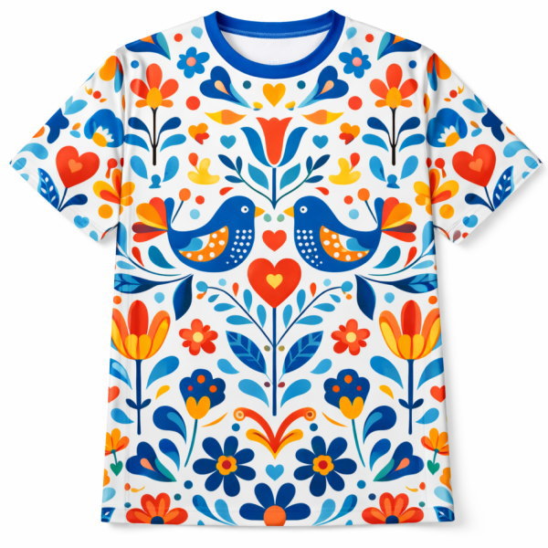 เสื้อฟุตบอลพิมพ์ลายกราฟิกนอร์ดิกสีน้ำเงินส้ม ลายสวยคมชัด ผลิตโดย Sport Mighty