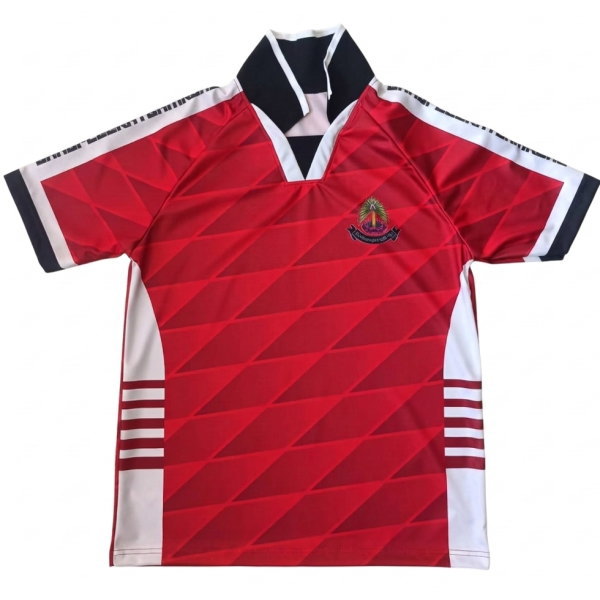 เสื้อกีฬาสีแดง พิมพ์ลายซับลิเมชั่น คอปกคอวี ออกแบบโดย Sport Mighty สำหรับโรงเรียนสมุทรปราการ