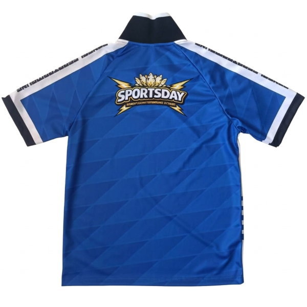 ดีไซน์ด้านหลังเสื้อกีฬาสีฟ้า งานพิมพ์ Sublimation สีสดไม่ลอก ส่งทั่วประเทศไทย