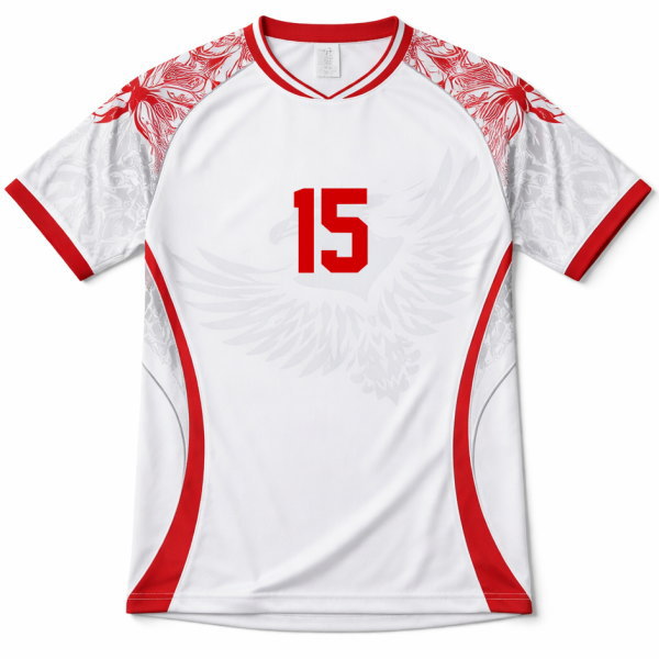 เสื้อบอลพิมพ์ลาย Sublimation สีขาวแถบแดง ลายอินทรี เนื้อผ้าไมโครโพลีเอสเตอร์