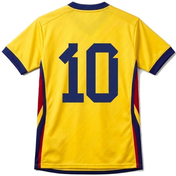 ด้านหลังเสื้อบอลสีเหลือง เบอร์ 10 พิมพ์ซับลิเมชั่น ผ้าไมโครโพลีเอสเตอร์ สั่งทำพิเศษ