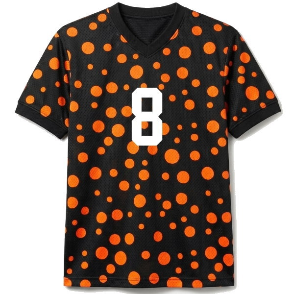 เสื้อบอลพิมพ์ลายสีดำส้ม ลายจุด Sublimation ออกแบบเองได้ Sport Mighty กรุงเทพ