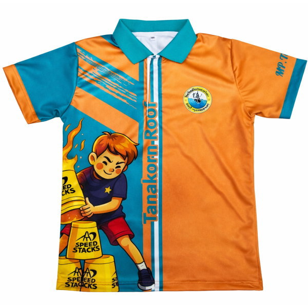 เสื้อโปโลกีฬาสั่งทำ ดีไซน์ทันสมัยสำหรับโรงเรียน เขตมีนบุรี กรุงเทพ ผลิตด้วยผ้าไมโครโพลีเอสเตอร์ พิมพ์ซับลิเมชั่น