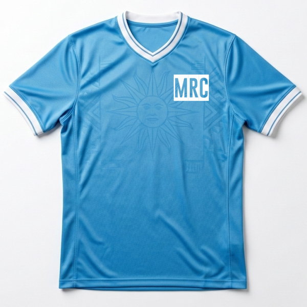 เสื้อฟุตบอลสั่งทำ สีฟ้าสไตล์ทีมชาติอุรุกวัย ด้านหน้า ผลิตโดย Sport Mighty