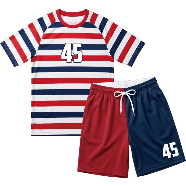 ชุดบอลครบเซต เสื้อลายขวางฝรั่งเศส กางเกงสองสี รับผลิตเสื้อกีฬาขั้นต่ำน้อย