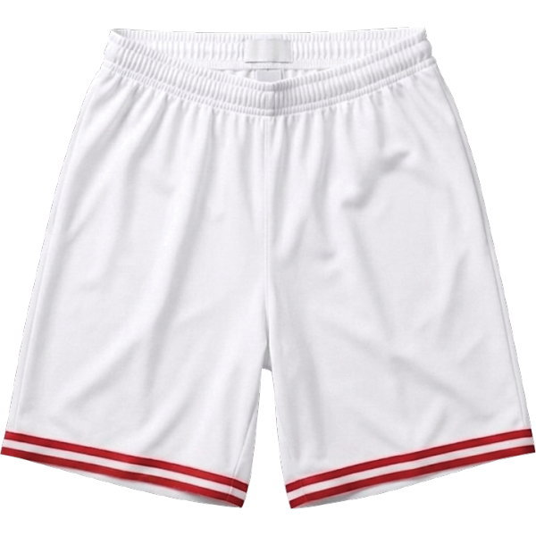 กางเกงกีฬาขาสั้นสีขาวมีแถบแดงที่ปลายขา ใส่คู่กับเสื้อฟุตบอลสั่งทำ