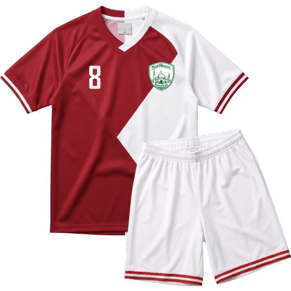 ชุดบอลพร้อมกางเกงเซตสมบูรณ์แบบ แดง-ขาว ลายเฉียง สำหรับทีมฟุตบอลและกีฬาสี
