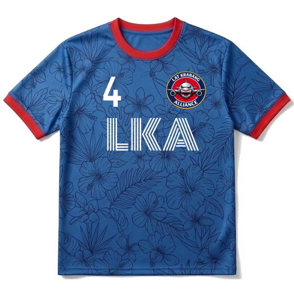 เสื้อฟุตบอลพิมพ์ลาย Tropical สีน้ำเงิน ทีม Lat Krabang Alliance ด้านหน้า