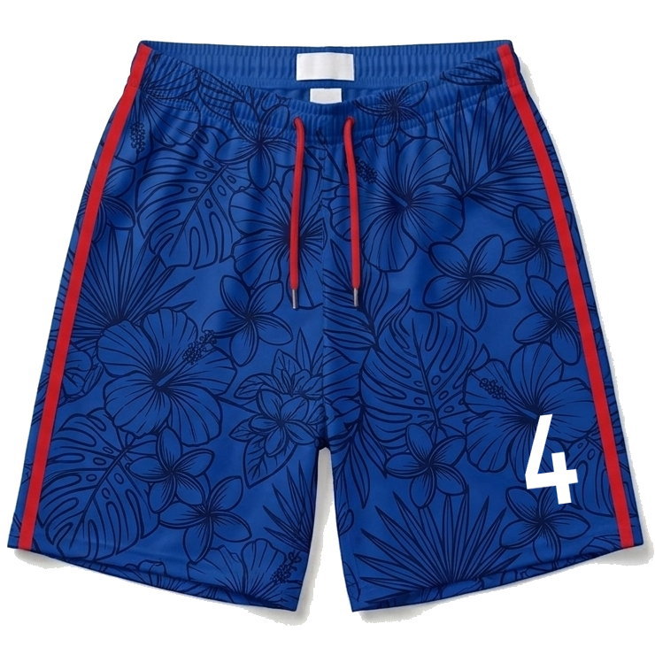 กางเกงกีฬาขาสั้นพิมพ์ลาย Tropical สีน้ำเงินแถบแดง สั่งทำพิเศษ